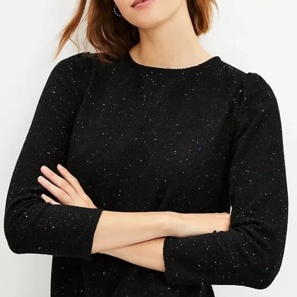 LOFT LARGE Black Multicolored Textured Flounce 3/4 Sleeve Knit Dress - Picture 4 of 11